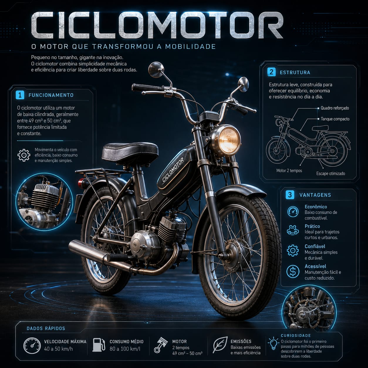 Infográfico: Ciclomotor — funcionamento, estrutura, vantagens e dados rápidos