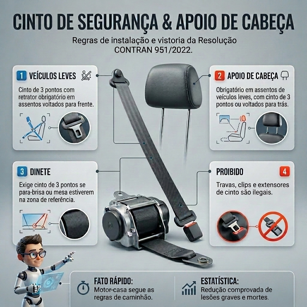 Infográfico completo das regras de cintos de segurança e apoios de cabeça (Resolução CONTRAN 951/2022).