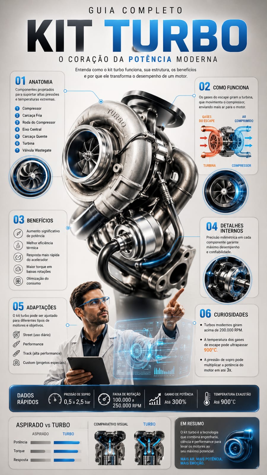 Infográfico completo do kit turbo: anatomia, funcionamento, benefícios e dados técnicos do turbocompressor.